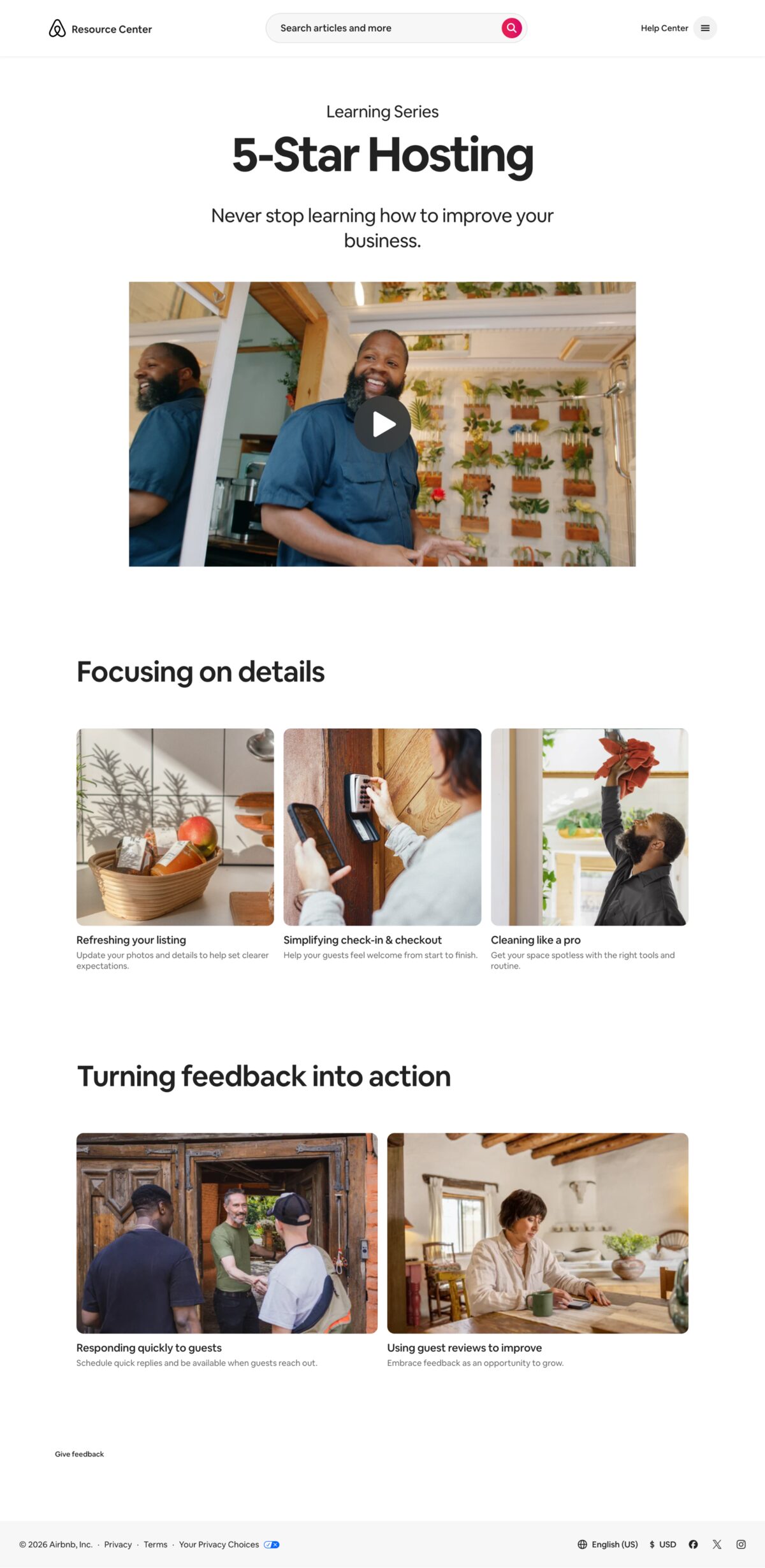 5-Star Hosting landing page in Airbnb's Resource Center, showing the five-article series.