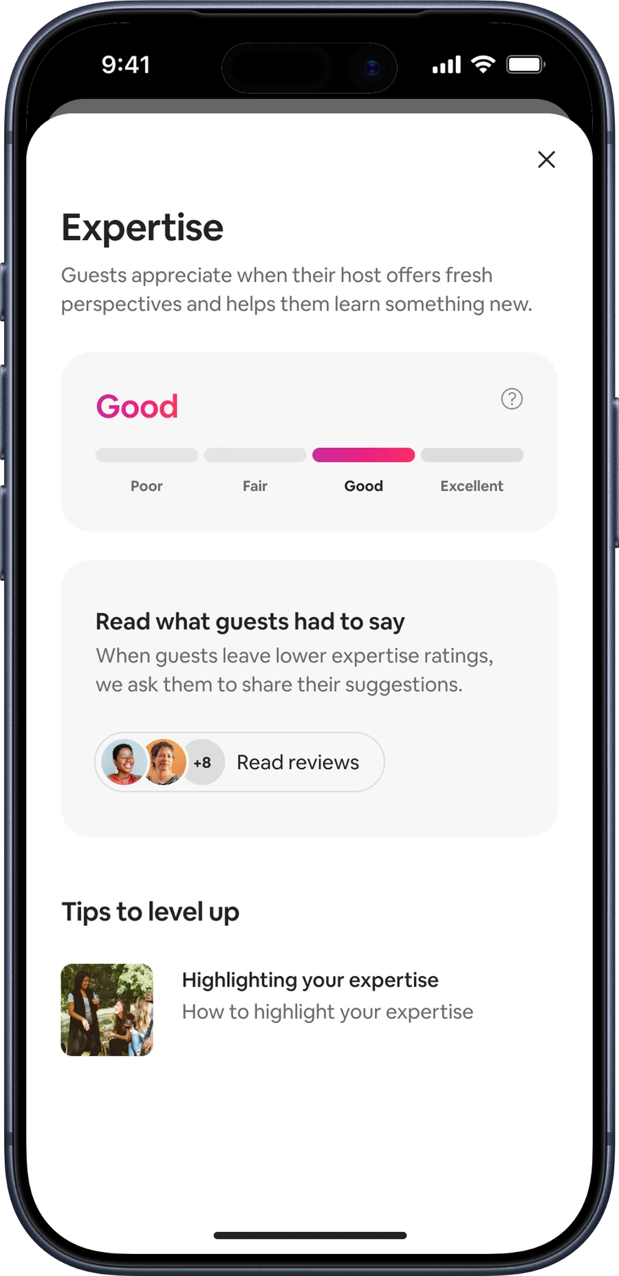 Expertise rating dimension modal, shown on an iPhone 17 Pro.