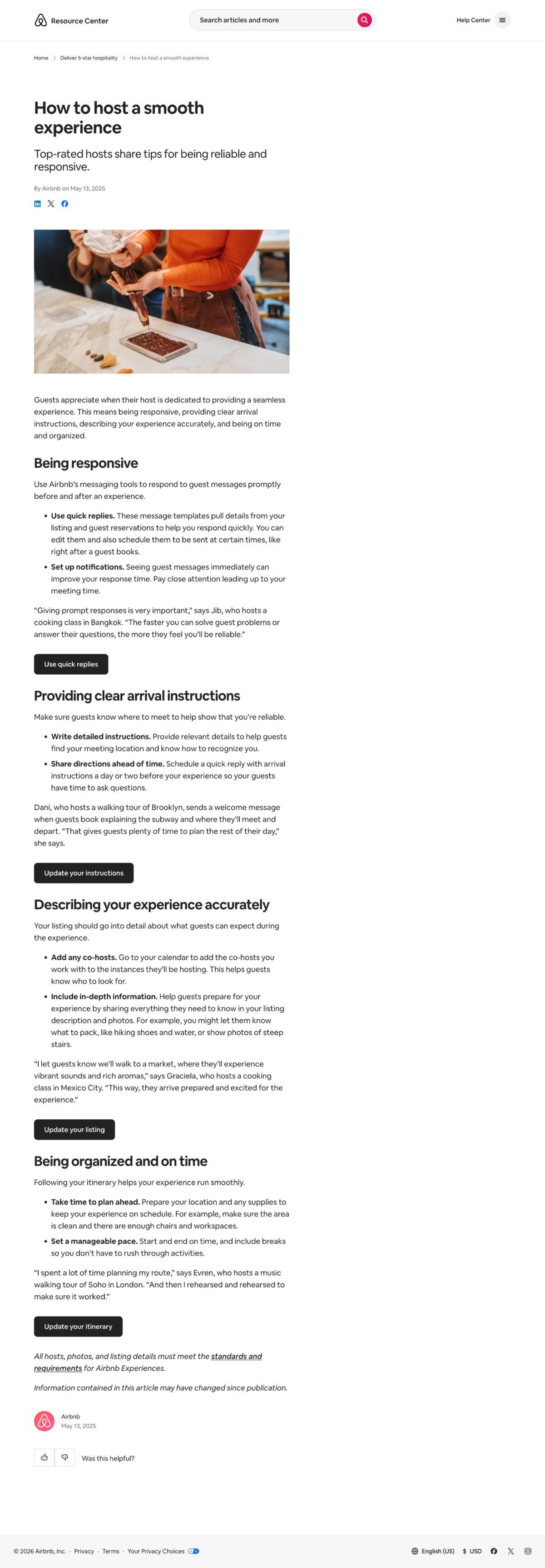'How to host a smooth experience' article, quoting real hosts by name and city.