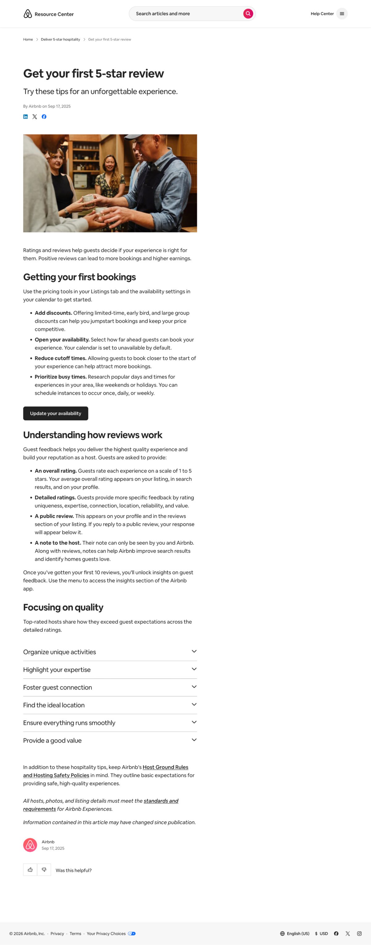 'Get your first 5-star review' hub article, with an expandable section for each of the six rating dimensions.