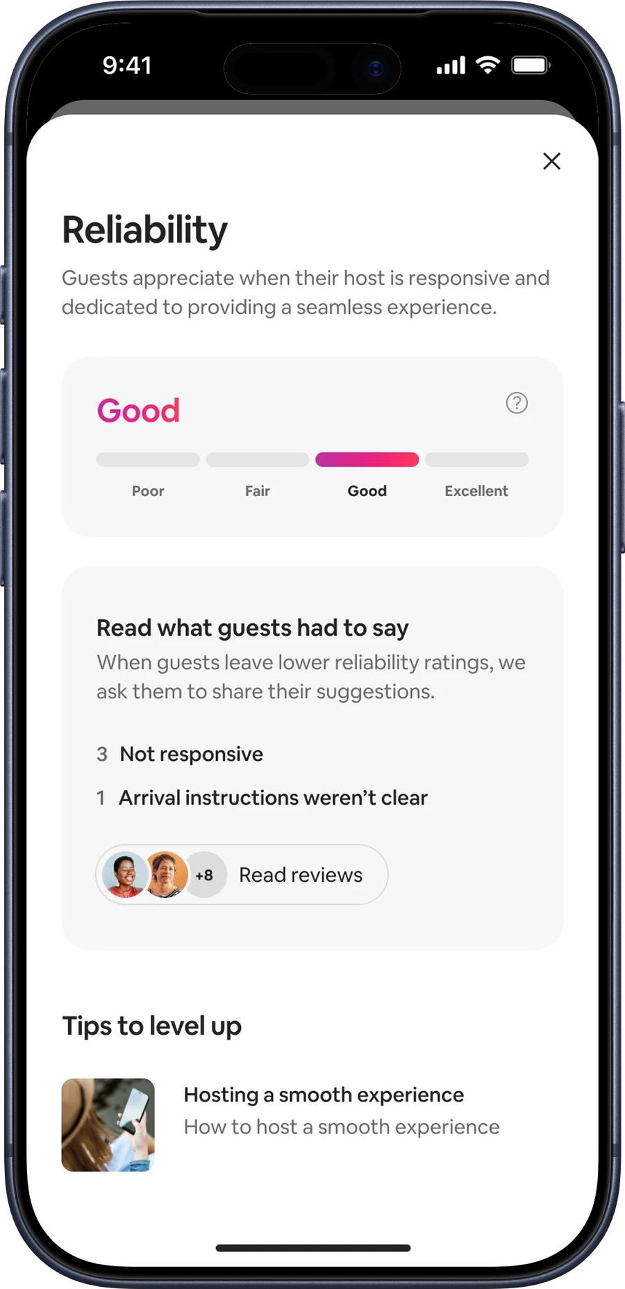Reliability rating dimension modal, shown on an iPhone 17 Pro.