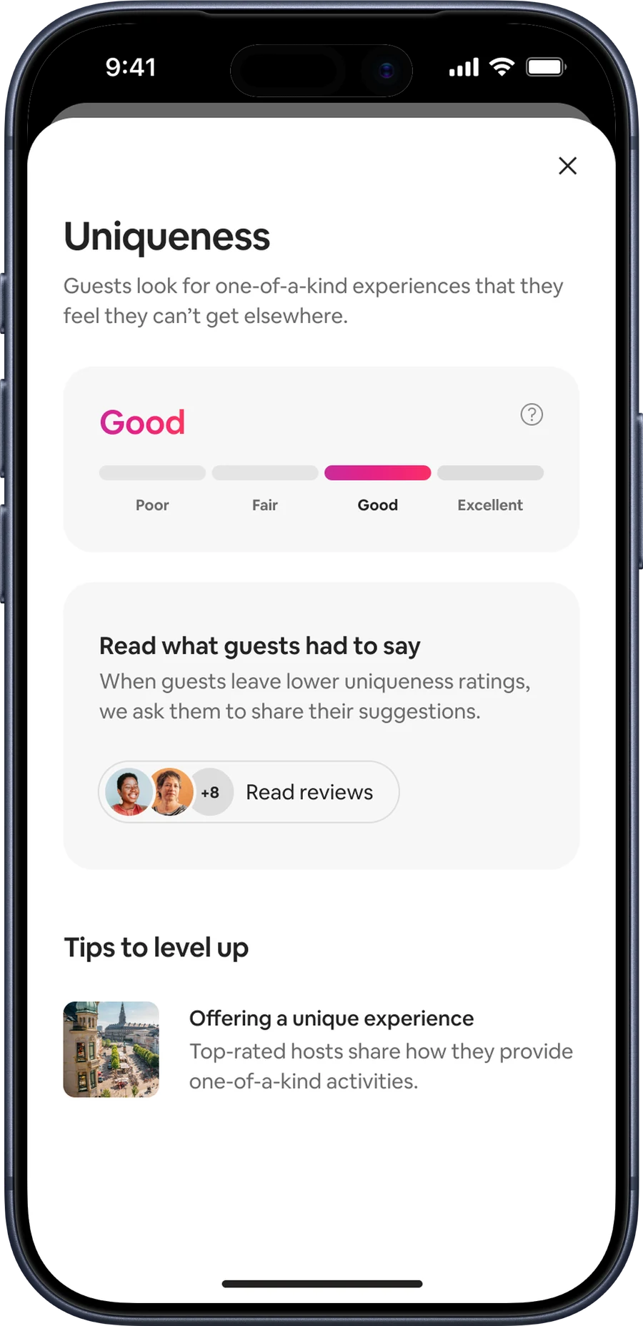 Uniqueness rating dimension modal, shown on an iPhone 17 Pro.