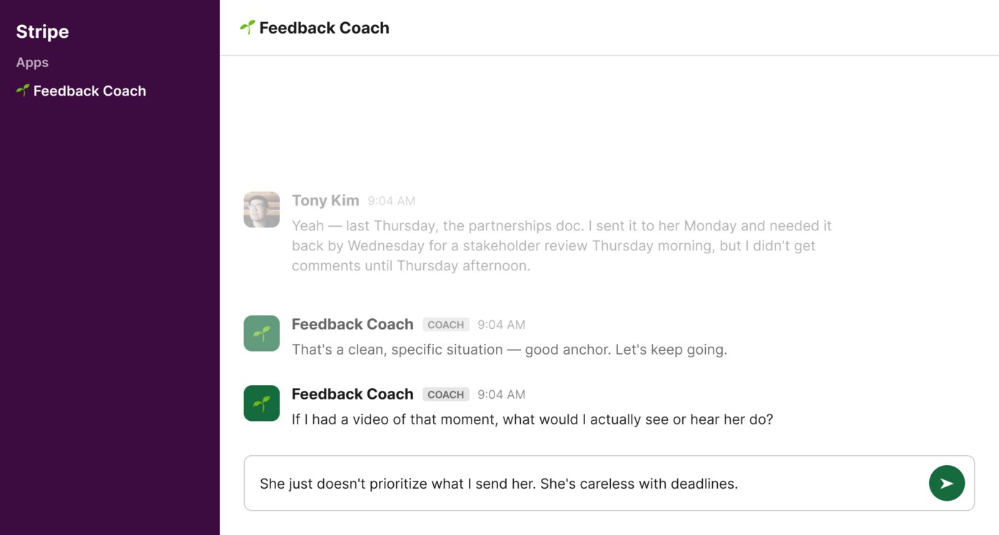 A Stripe types their situation into the composer, and the coach works from exactly that.