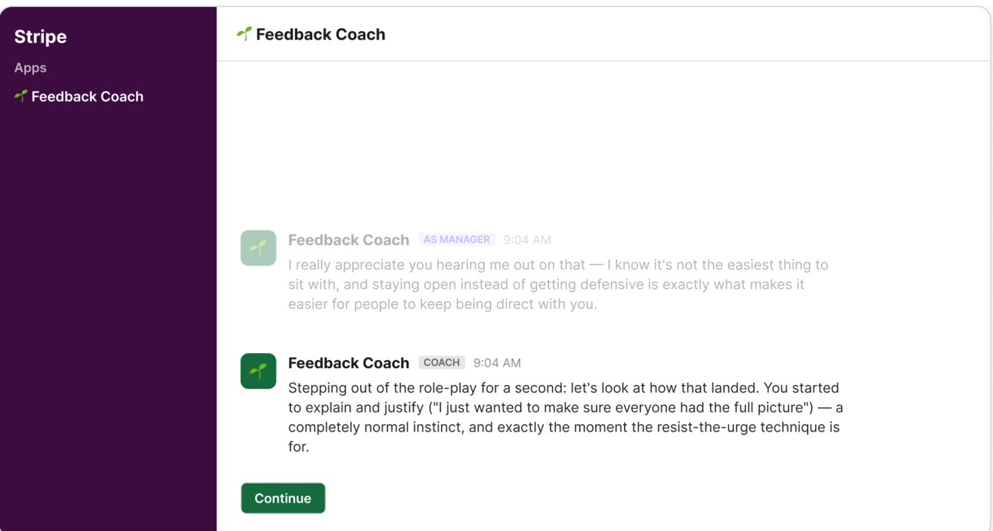 The 'AS MANAGER' tag marks the role-play; the 'COACH' tag marks the moment the bot steps out to give real feedback.
