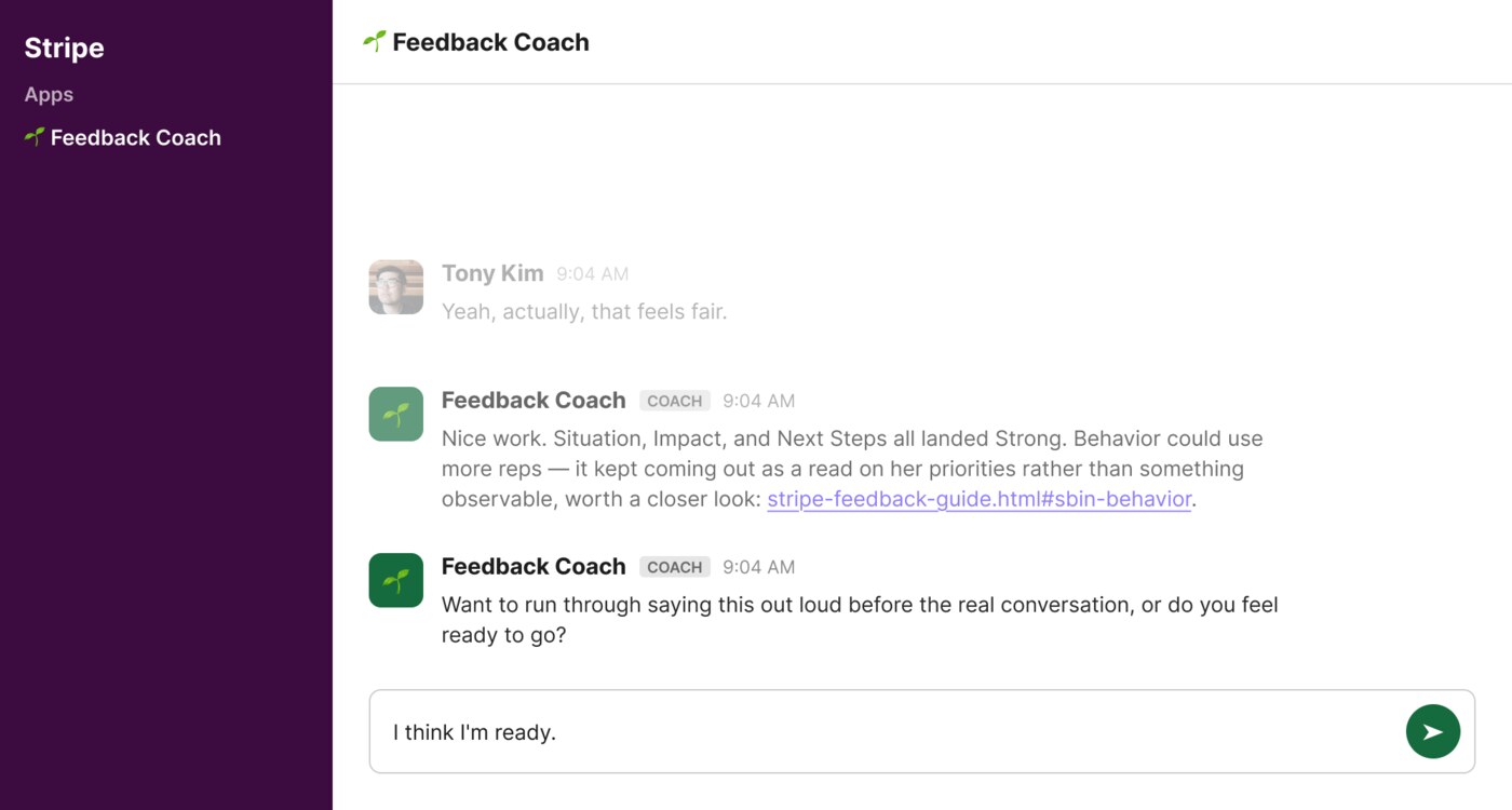 Coaching scored per SBIN component, called out by name, against what this Stripe actually wrote.