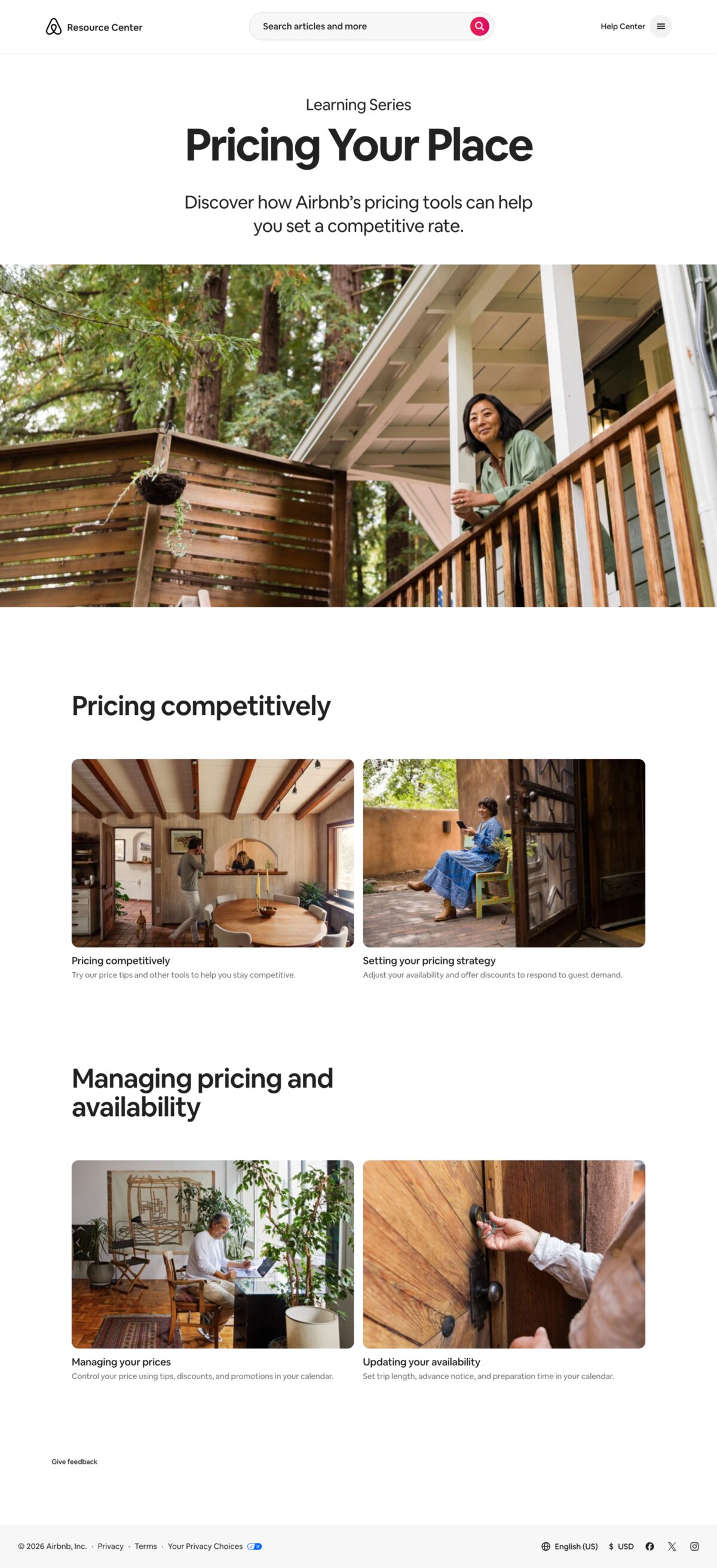 Pricing Your Place landing page in Airbnb's Resource Center.