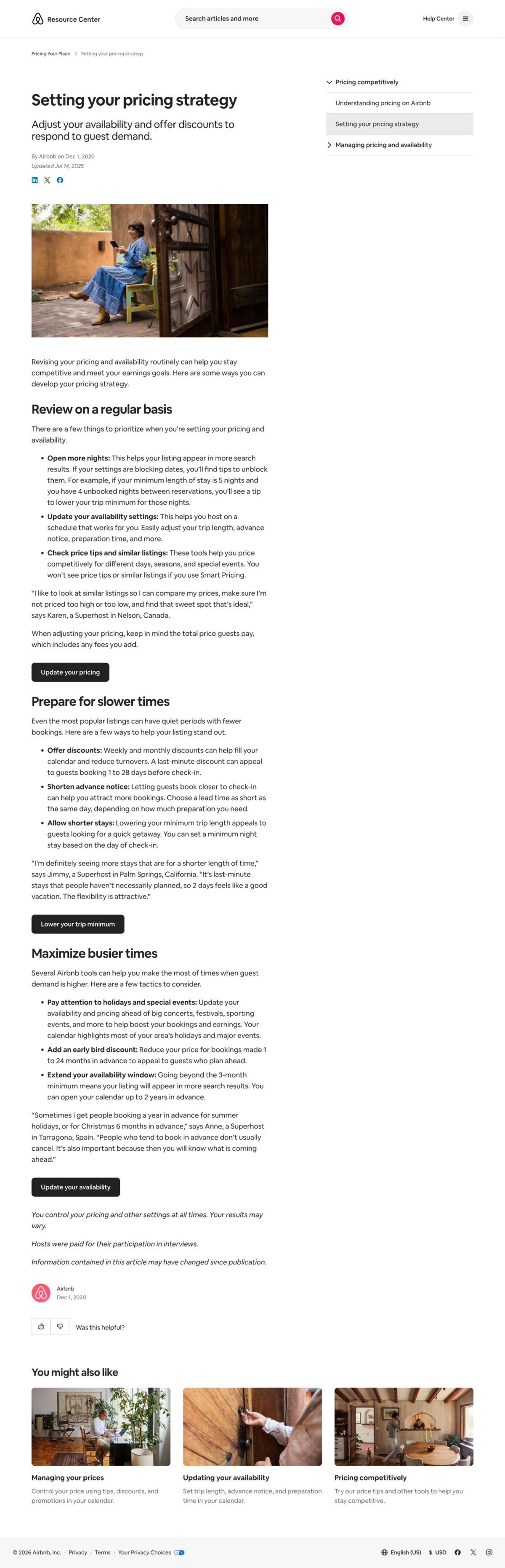The 'Setting your pricing strategy' article, with Superhost quotes woven into the guidance.