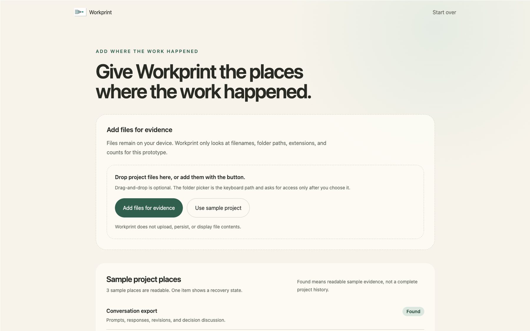 Workprint's source screen: sample project places including conversation export, project files, and repository history, each marked found, limited, or not available.