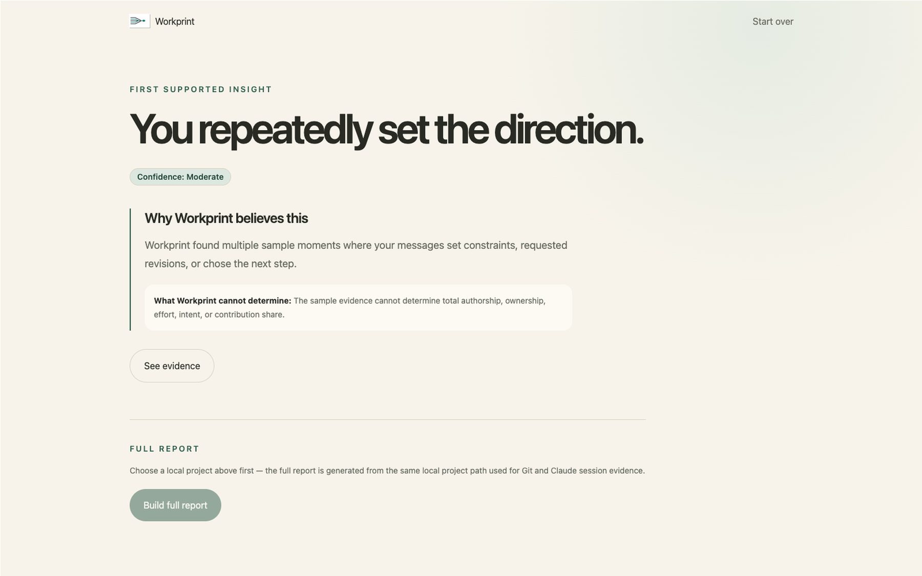 Workprint's first discovery screen: 'You repeatedly set the direction,' with a moderate confidence badge, supporting evidence, and stated limits.