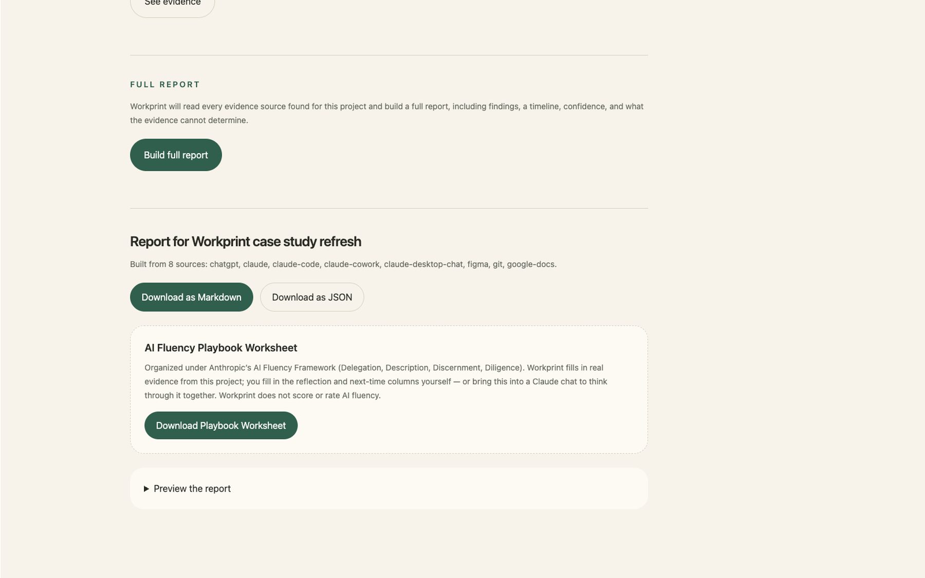 Workprint's generated report, built from eight evidence sources, with a downloadable AI Fluency Playbook Worksheet.